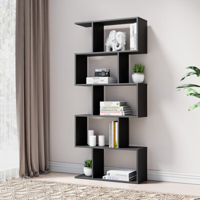 62.6" H Geometric Bookcase 5 Tier S-Shaped Room Divider Bookshelf
