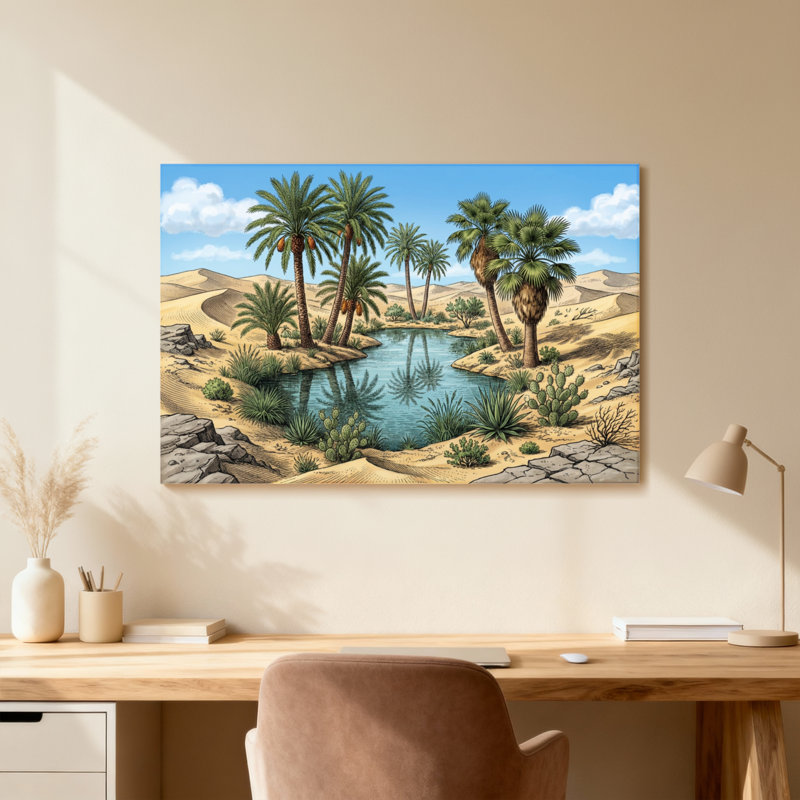 Désert, oasis, palmiers, reflet de l'eau, dunes de sable, ciel bleu, H 12 po x l 18 po, Grain de bois clair