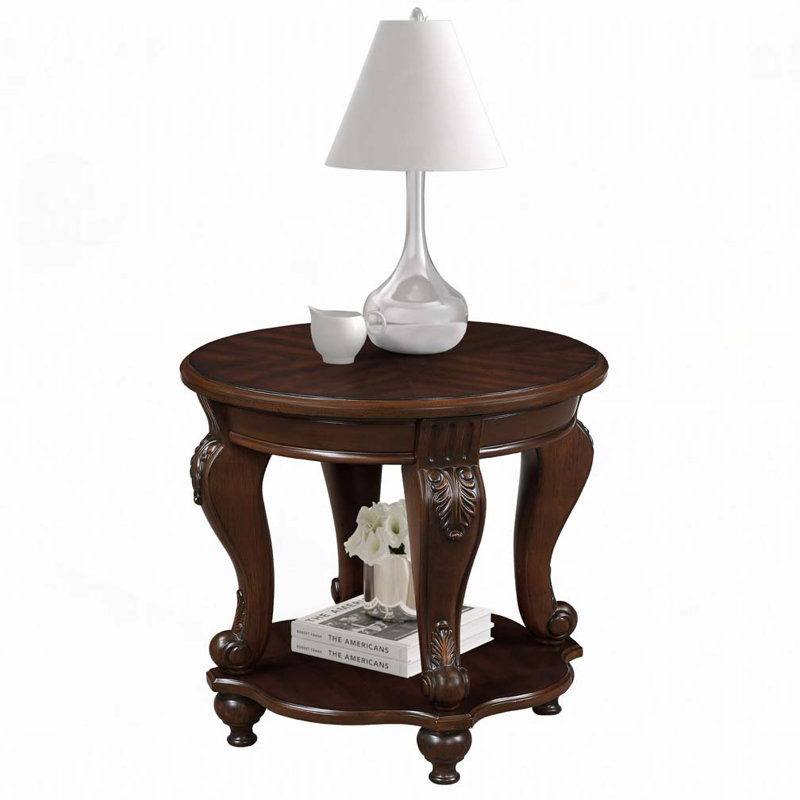 Solid Wood Round End Table with Shelf, Cherry, Cherry
