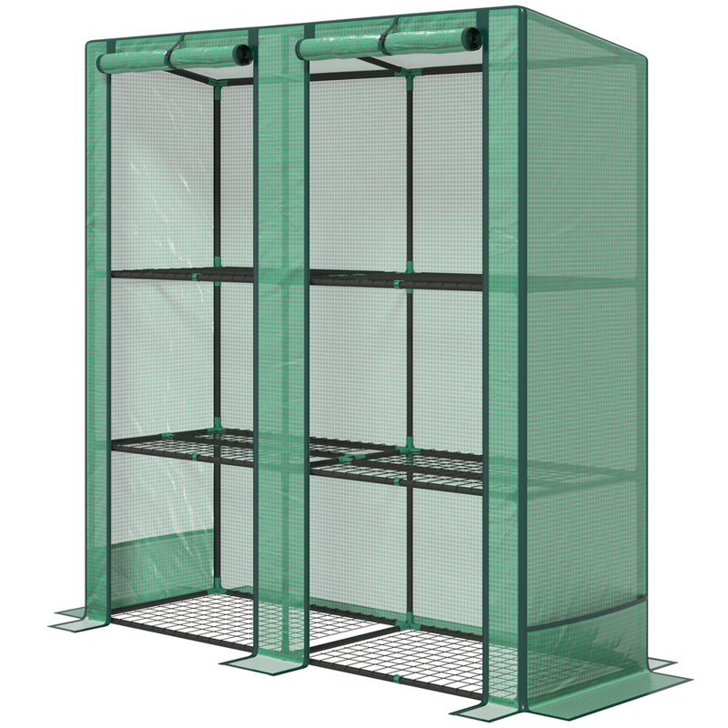 Lean-to Portable Greenhouse with Three-Tier Shelves, Steel Frame and Dual Roll-Up Doors, Green