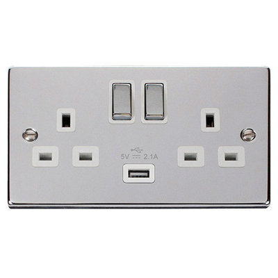Polished Chrome 2 Gang 13A DP Ingot 1 USB Twin Double Switched Plug Socket