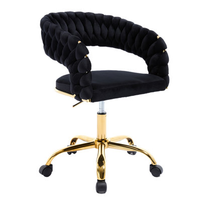 Woven Home Office Chair, Velvet Upholstered Desk Chair With Open Back, Height Adjustable Task Chair, Office Armchair With Wheels, Vanity Chair, Computer Chair For Office, Studio