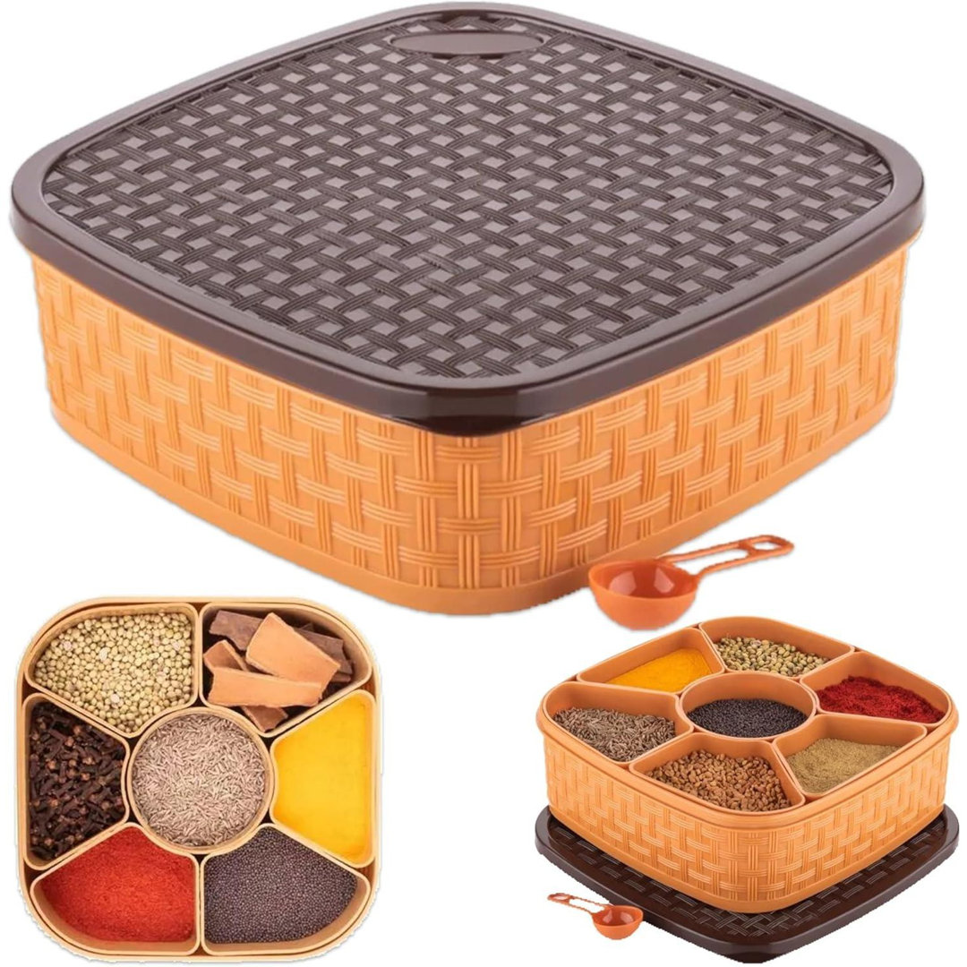 MantraRaj Square Plastic Masala Box 7 Compartments with Spoon Multipurpose Spice Box For Kitchen