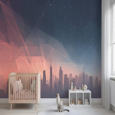 Abstract City Skyline Night Wall Mural Wallpaper – Modern Geometric Urban Silhouette Starry Sky Wall Decor