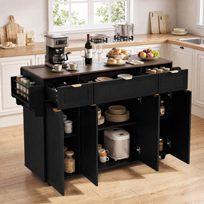 Îlot de cuisine 47 po avec rangement, chariot de cuisine roulant avec abattant, 3 tiroirs, 3 armoires, support à épices, porte-serviettes, prise de courant intégrée, 5 roulettes, noir et brun