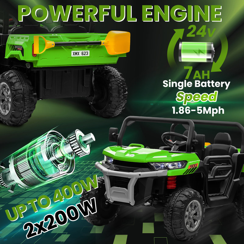24V Green 2-Seater Kids Ride-On Dump Truck with Remote Control