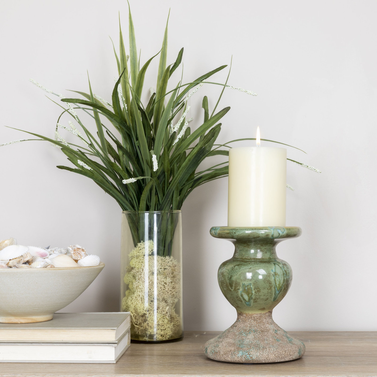 Waikiki Earthenware Tabletop Candlestick, Distressed Green, 6.5" H x 5.5" W x 5.5" D