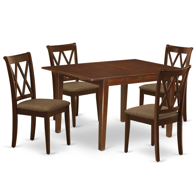 5 Piece Dining Set Includes a Rectangle Dining Room Table with Butterfly Leaf and 4 Linen Fabric Kitchen Chairs, Mahogany