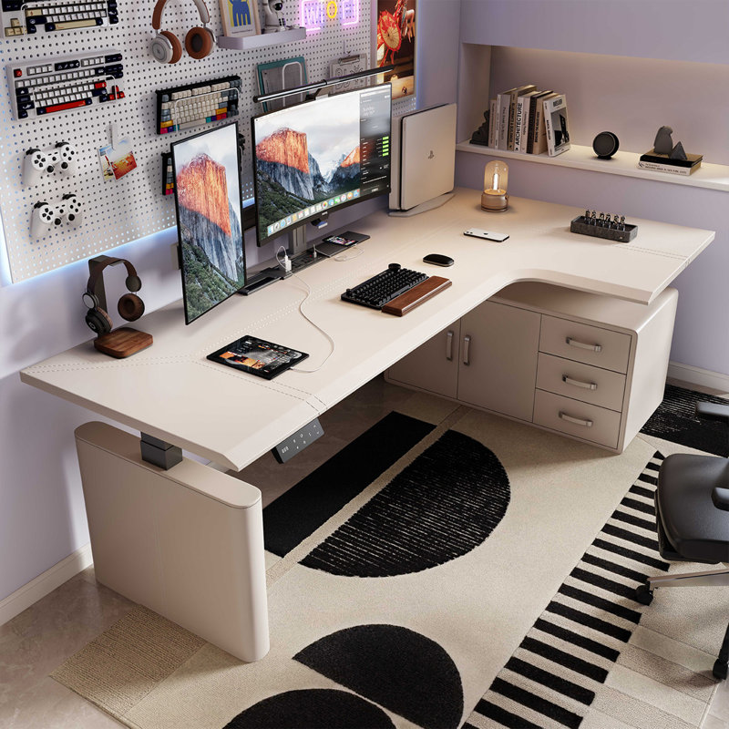 Bureau de 55,25 po moderne en forme de L à hauteur ajustable électrique de luxe, entièrement revêtu de cuir de selle avec armoire latérale et prises intégrées