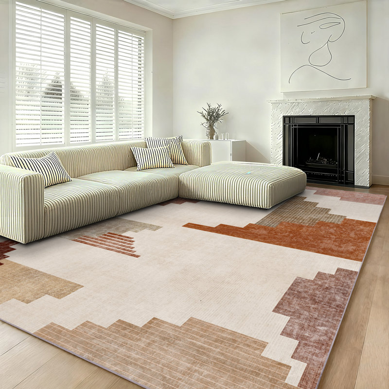 Washable Area Rug Orange & Brown Modern Soft Accent Rug Low Pile Distressed Floor Carpet for Living Room Bedroom Kitchen Dining