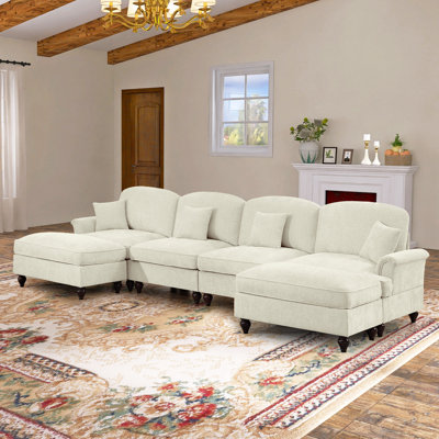 Mauralia 137.8"W Chenille 4 seater sofa with 2 Ottomans and Removable Ruffles Pleats Skirts and Spindle Legs