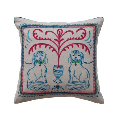 Cotton And Linen Printed Pillow With Dog Scene, Embroidery, And Velvet Back