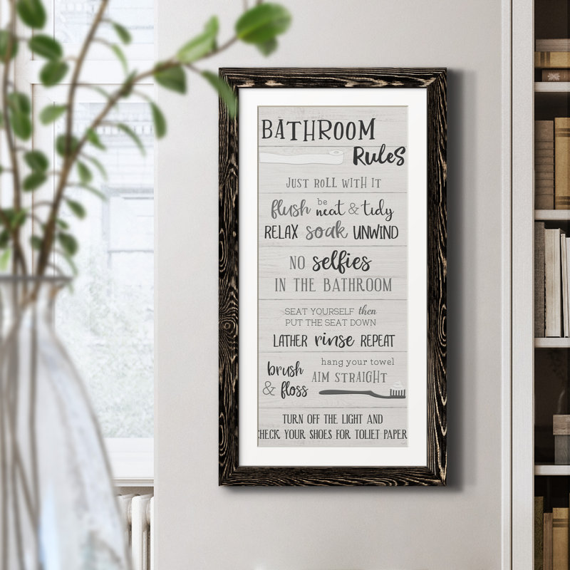 "Bathroom Rules" - Art textuel sur toile, Toile encadrée noire