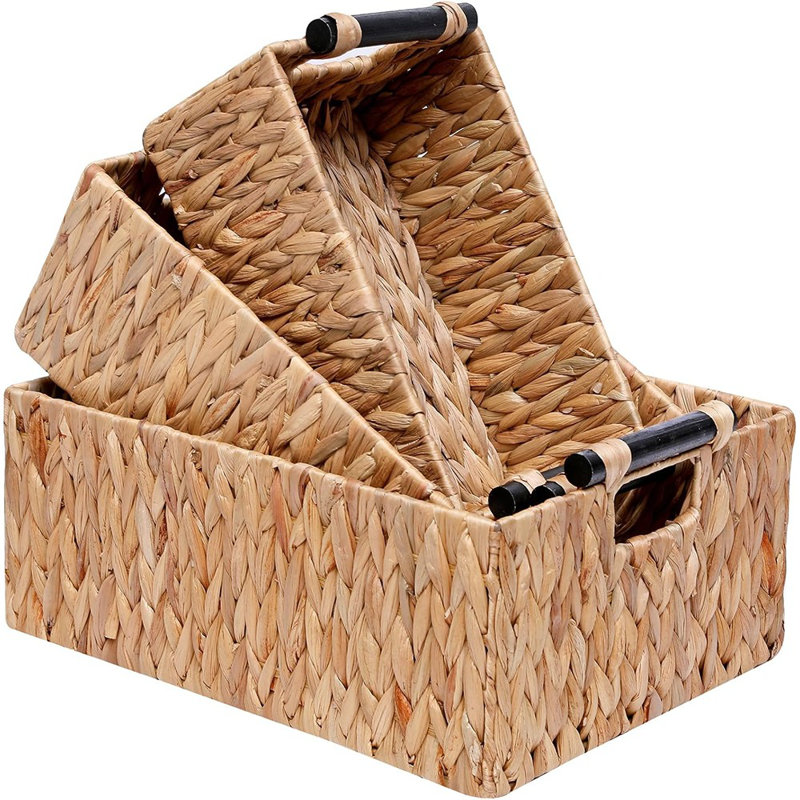 Bacs de rangement de chambre de bébé tissés à la main, paniers d'organisation en jacinthe d'eau naturelle avec poignées en bois