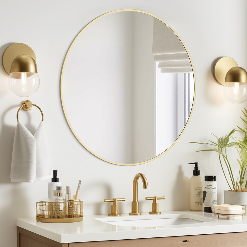 Kristene Round Metal Wall Mirror for Bathroom Bedroom Vanity Home Decoration, Gold, 28" x 28"