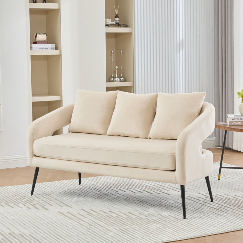 Causeuse rembourrée en velours avec 3 coussins et pieds en métal, Beige