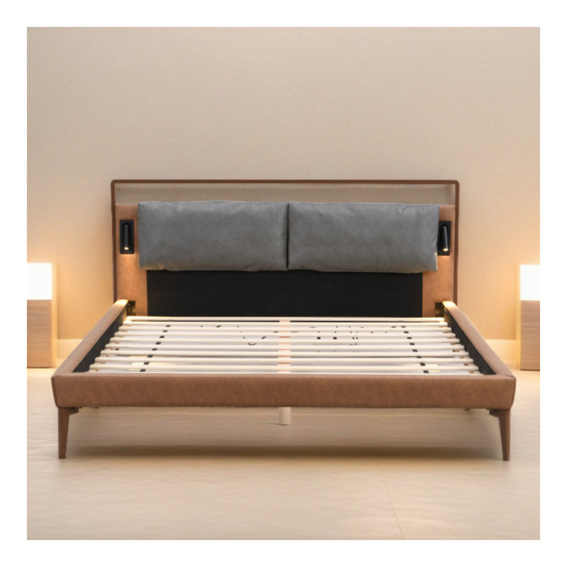 Brown&Grey Leather Queen Bed With 2Pcs Night Lights, Queen