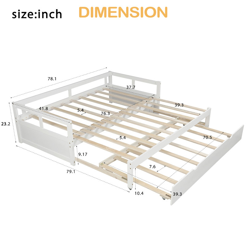 Lit de jour extensible avec couchette, lit de jour en bois avec couchette, Blanc