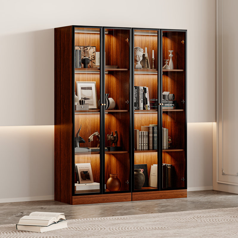 23.6'' Brown Glass Display China Cabinet Liquor Curio Storage Hutch Two-piece Set, Mid Century Modern Wooden 4-tier Dining Shelf With Tempered Glass Doors And Wireless Led Light For Kitchen Living Room