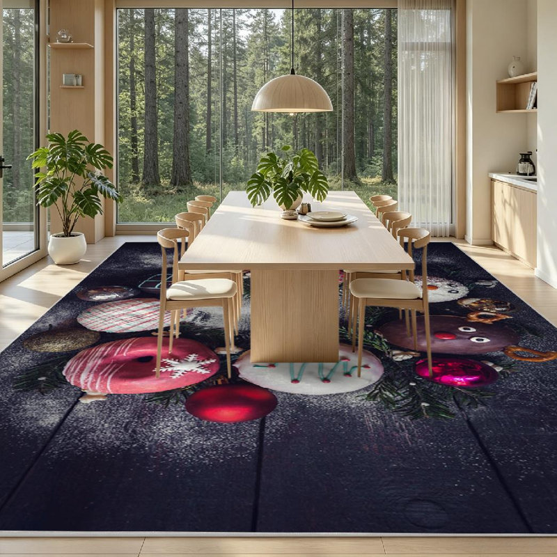 Tapis intérieur rouge lavable à la machine, motif beignes de Noël avec espace, pour décoration intérieure.