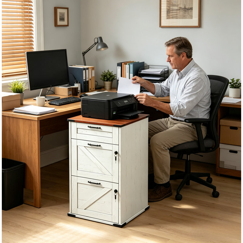 Classeur à tiroirs verrouillable de style ferme, meuble de rangement en bois blanc vieilli avec plateau en bois brun, support pour imprimante de bureau à domicile