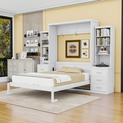 Grand lit escamotable en bois avec tablettes et tiroirs de rangement