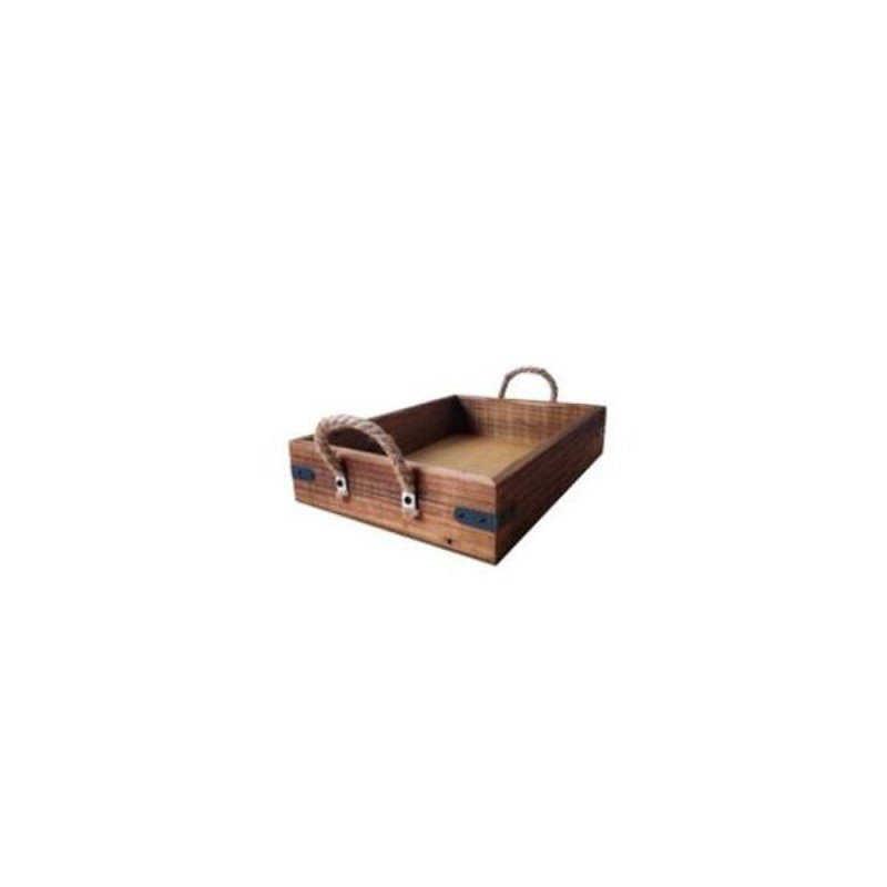 Plateau en bois rustique à poignées en jute avec supports en métal, H 14 po x l 2 po x P 18 po