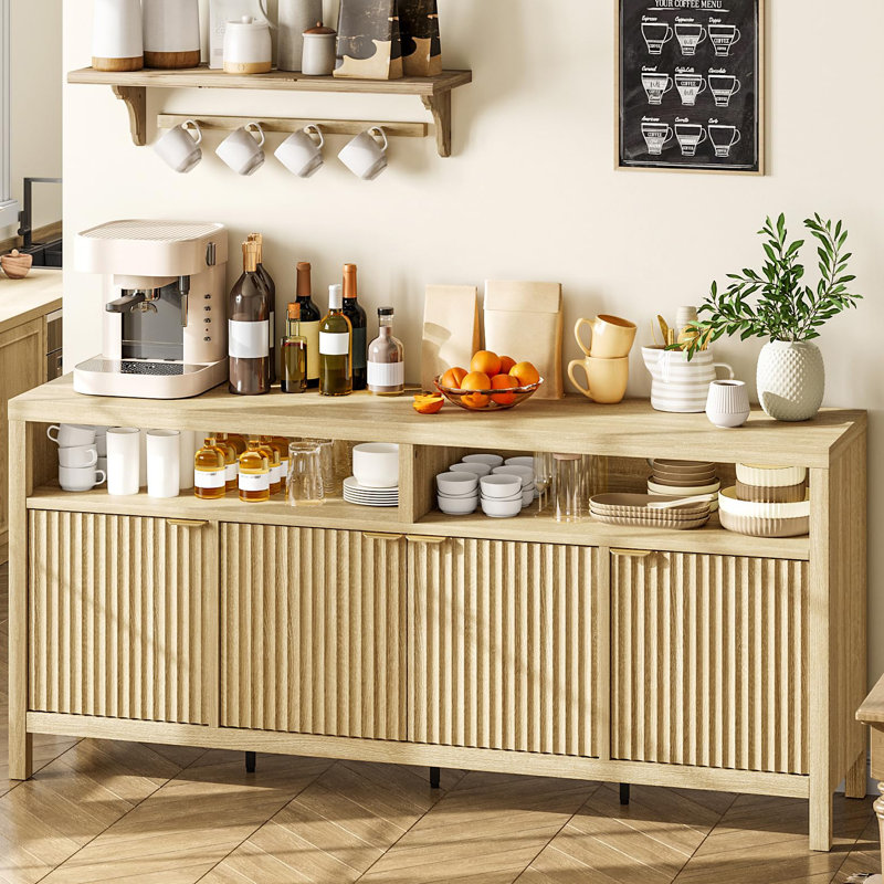 65.8" Fluted Sideboard Buffet Cabinet with 4 Adjustable Shelves, Modern Storage for Dining Room, Natural