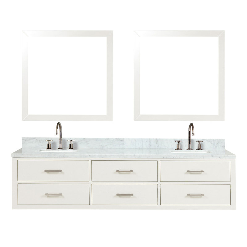 Meuble-lavabo double blanc 80 po X P 22 po D, dessus en marbre de Carrare, ensemble de robinet et Miroirs, Blanc / Carrare