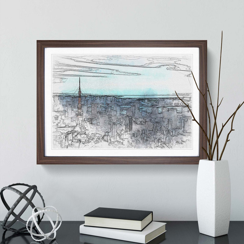 Tokyo Tower & Japan Skyline in Abstract - Picture Frame Graphic Art Print, Walnut, 35cm H x 50cm W x 2cm D