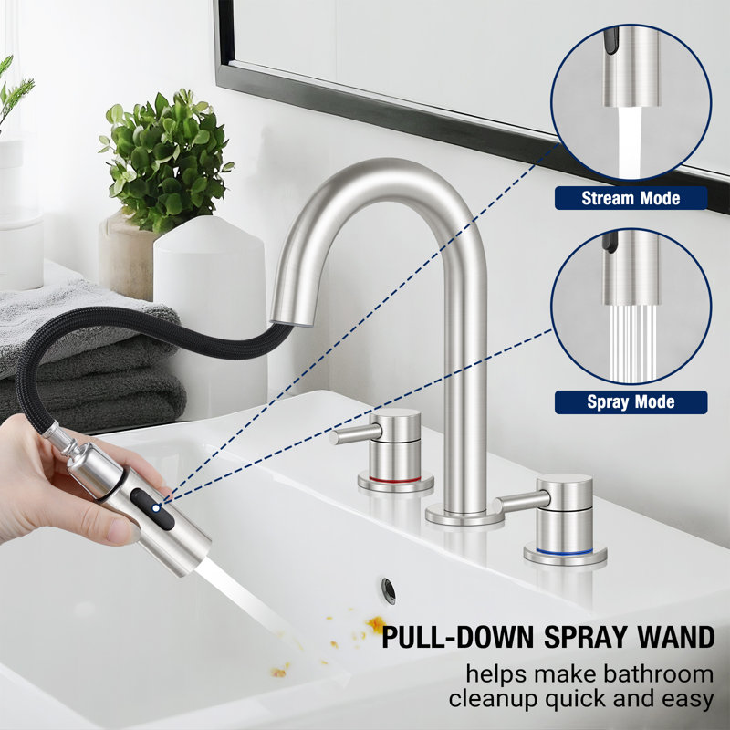 Widespread Bathroom Faucet 3 Hole, 2-handle Bathroom Sink Faucet with Drain Assembly, Brushed Nickel