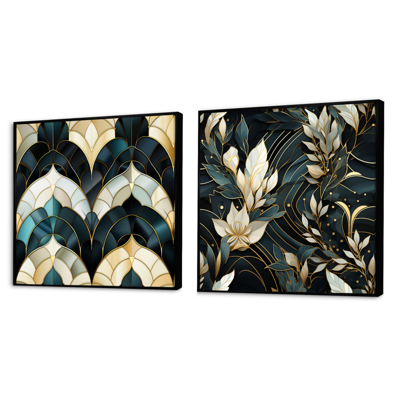 Ensemble de 2 carrés dorés Art Deco Glamour Bliss - Abstract Botanicals Square, Cadre flottant noir, H 16 po x l 33 po