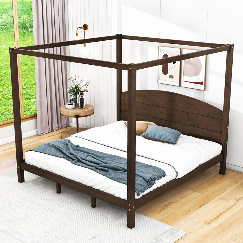 Lit plateforme à baldaquin en bois avec tête de lit Boones, Brun délavé