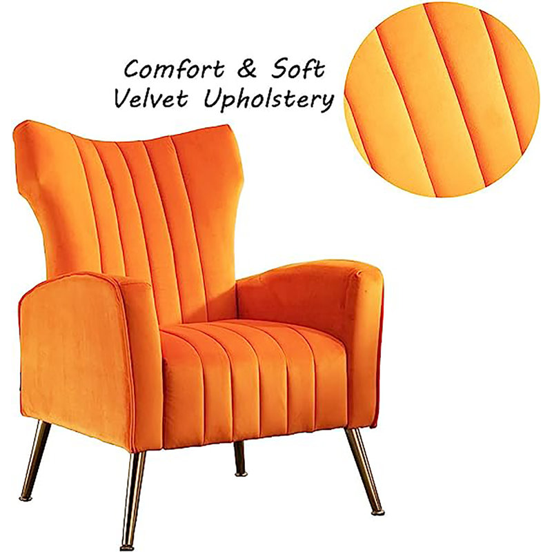 Orange Velvet Wingback Accent Chair with Gold Legs
