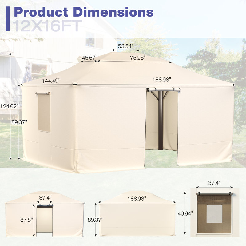 Gazebo de terrasse en aluminium de 4,9 m de large x 3,7 m de profondeur avec housse d'hiver toutes saisons – Gazebo rigide en métal avec moustiquaire et toile imperméable Oxford 300D, porte enroulable à fermeture éclair, fenêtres en filet, transformable en espace de rangement étanche