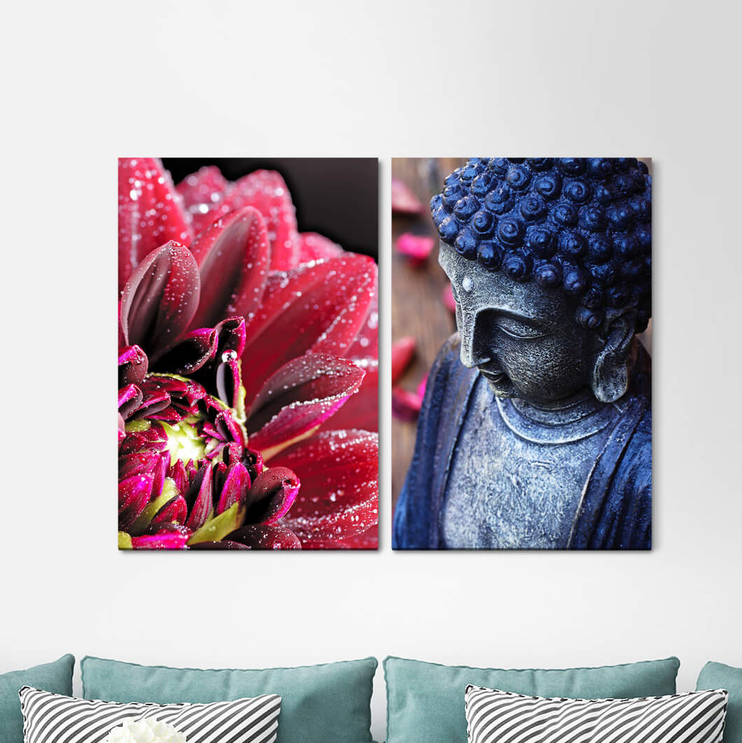 2-tlg. Leinwandbilder-Set - Fotografie „Zinnias Red Flower Buddha Meditation Mindfulness Calm Positive Energy”