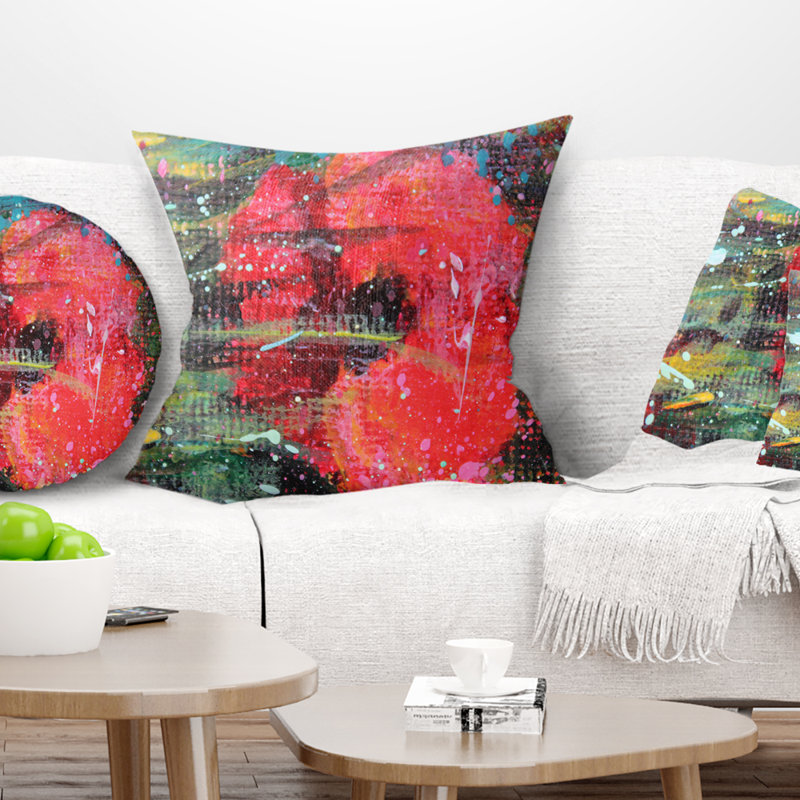 Dessin d'un coquelicot rouge - coussin imprimé floral, 18 po x 18 po, Coussin décoratif