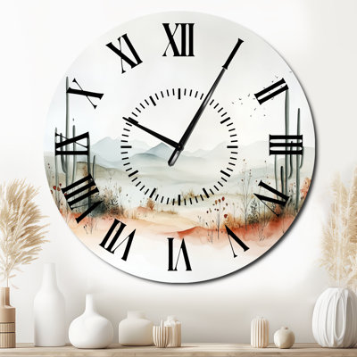 Hushed Mesa Cactus Panorama - Southwestern Silent Round Metal Wall Clock