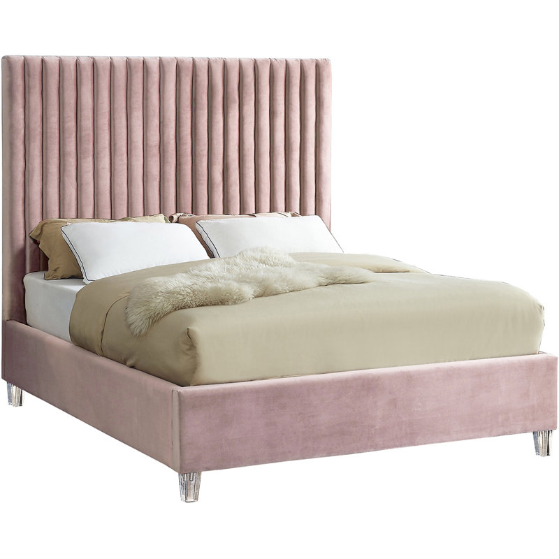Upholstered Platform Bed, King, Pink Velvet