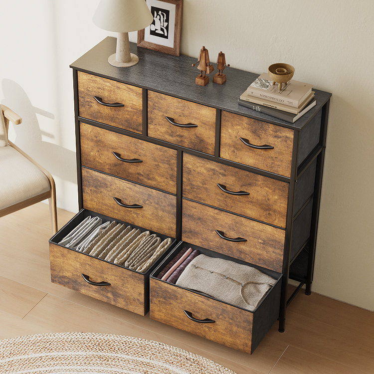 Hurd 39"W 9 Drawer Fabric Dresser with Wood Top, Rustic Brown
