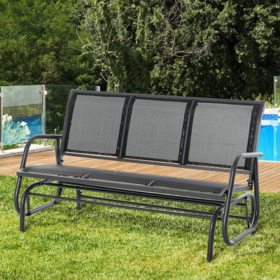 Banc oscillant d'extérieur à 3 places, siège en filet respirant, structure en métal noir, glissement en douceur pour le patio, la piscine, longueur 58,87 po, largeur 29,5 po, hauteur 33,5 po, poids maximum de 660 lb