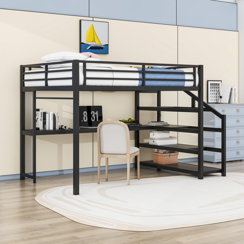 Lit mezzanine avec bureau, escalier de rangement, lumières DEL et ports USB