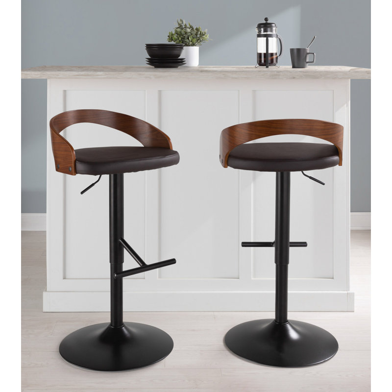 Cream Adjustable Swivel Bar Stool with Walnut Backrest