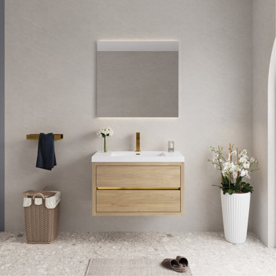 Meuble-lavabo mural 36 po avec lavabo, meuble de rangement flottant avec comptoir en résine de pierre et tiroirs à fermeture en douceur, chêne naturel