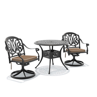 3 Piece Round Outdoor Patio Dining Set, 2 Swivel Chairs with Brown Cushions, Patio Bistro Table Featuring Umbrella Hole