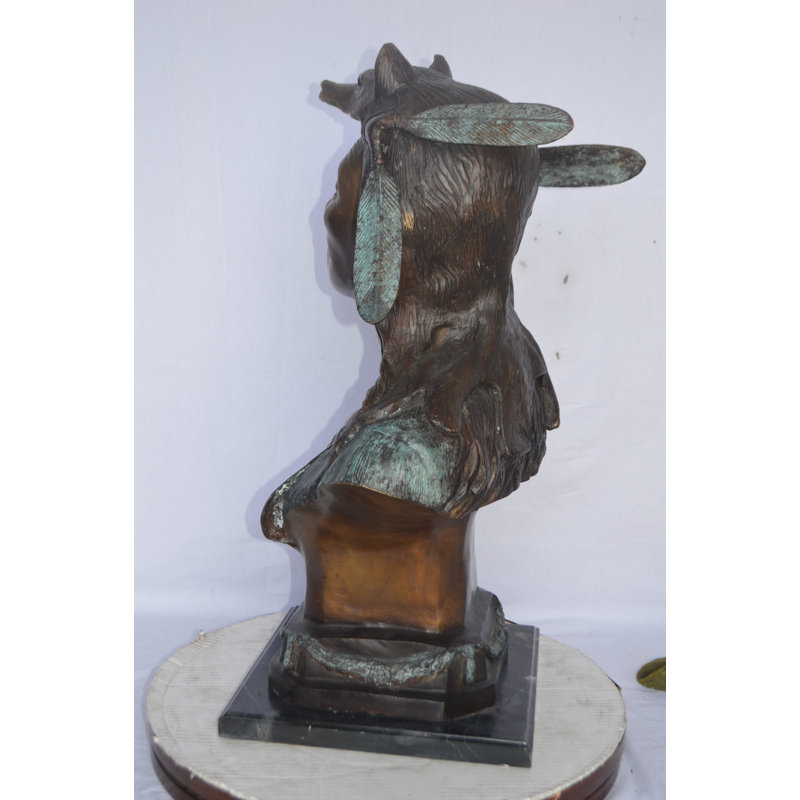 Bronze Indian Tribe Leader Bust Statue with Green Patina Finish