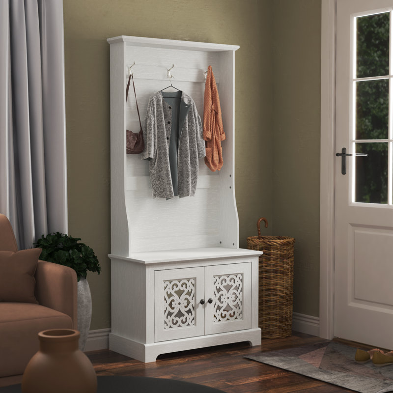 Arignote Hall Tree 31.3'' Wide with Bench and Shoe Storage, Pearl White Oak