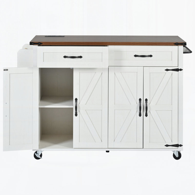 53.5''Farmhouse Kitchen Island With Power Outlet, Kitchen Storage Island With Drop Leaf, Spice Rack And Drawer, White