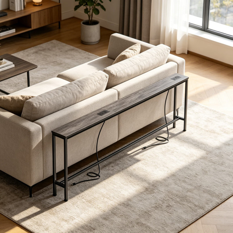 Extra-Long Narrow Console Table With Built-In Power Strips, USB-C Ports, And Storage For Behind Sofa, Entryway, And Small Spaces