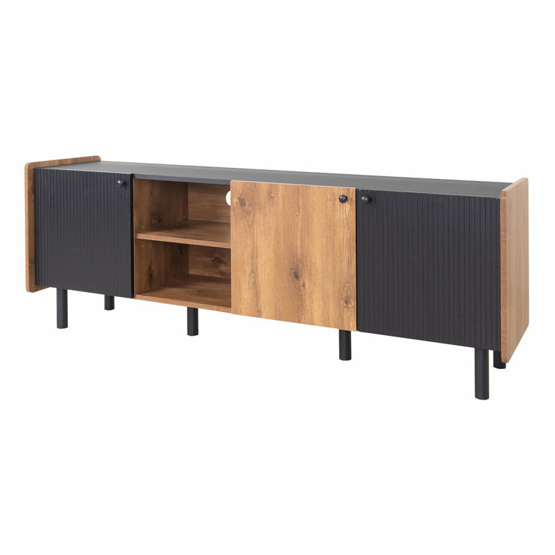 Mid Century TV Stand with 3 Cabinets, Media Console Table for TVs up to 70'', Black/Brown